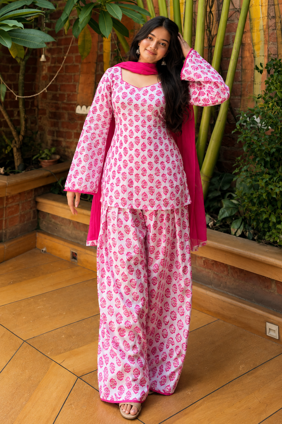 Pink Printed Farsi Suit Set with Pink Dupatta