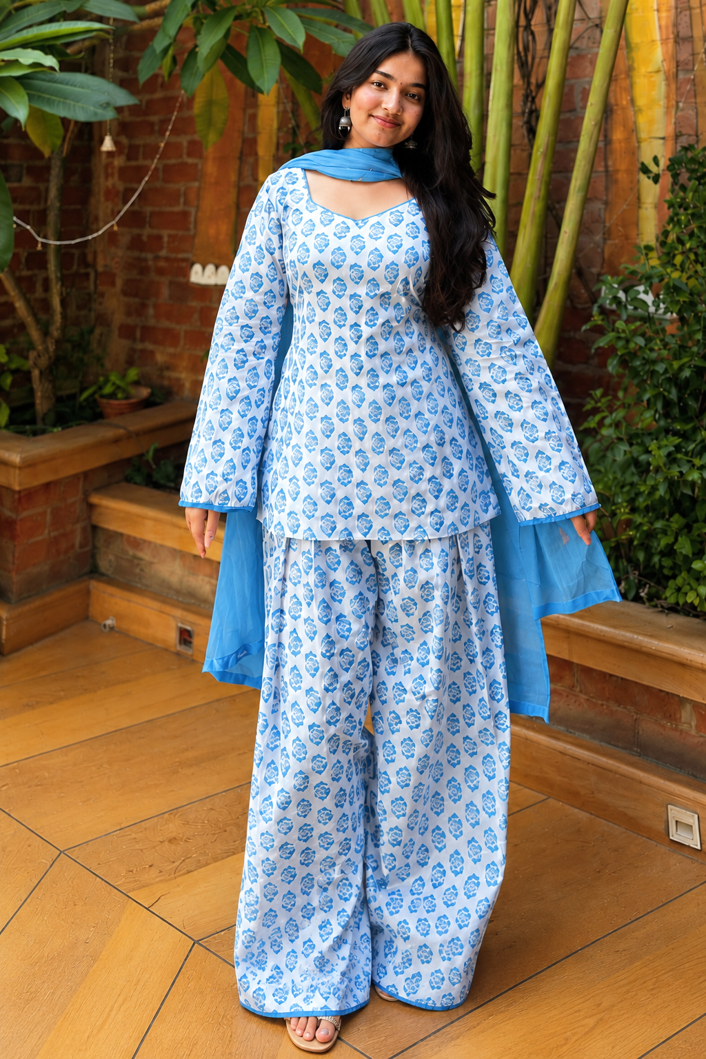 Blue Printed Farsi Suit Set with Blue Dupatta