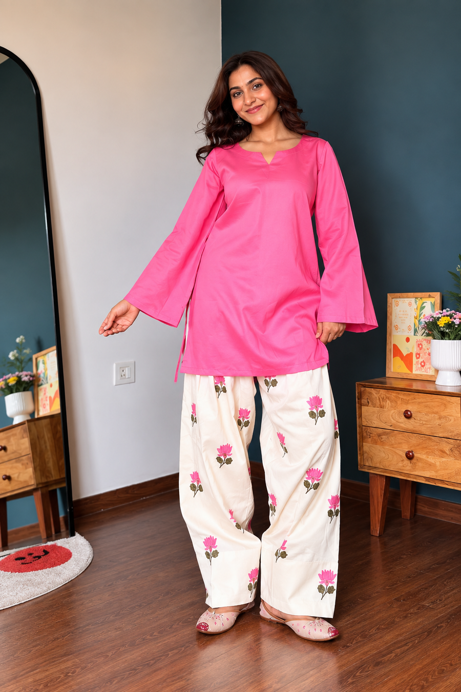 Lotus Pink Farsi Suit Set with Floral Printed Pants