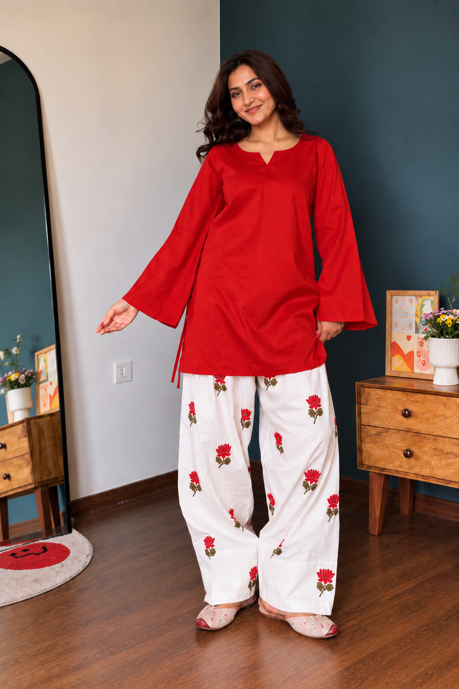 Lotus Red Farsi Suit Set with Floral Printed Pants