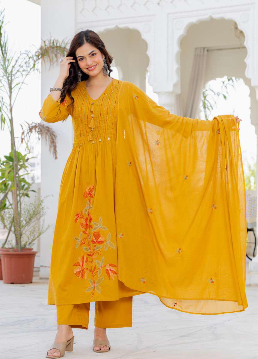 Mustard Yellow Embroidered 3-Piece Suit Set