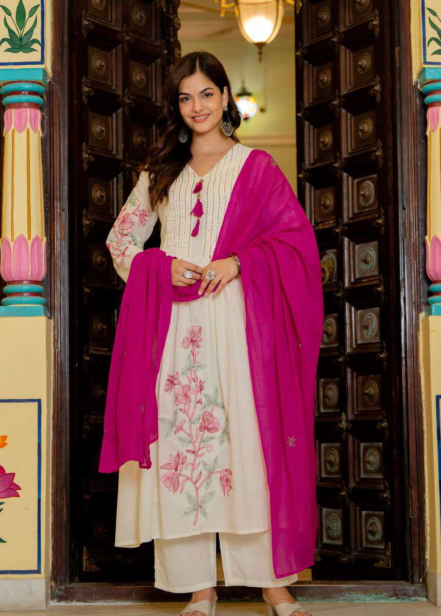 Ivory & Pink Floral Embroidered 3-Piece Suit Set