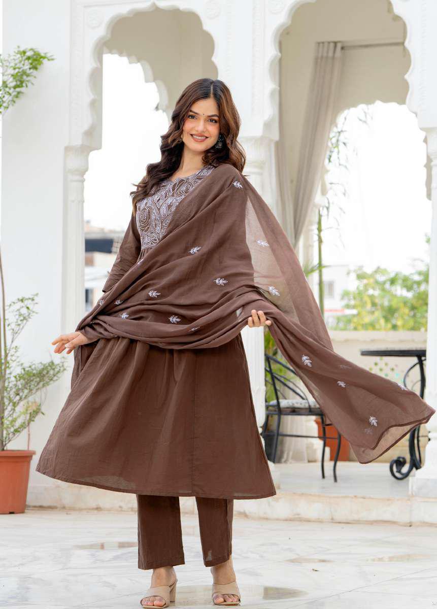 Chocolate Brown Embroidered 3-Piece Suit Set