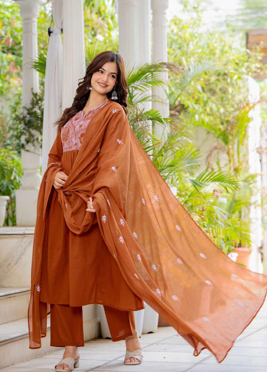 Rust Orange Embroidered 3-Piece Suit Set