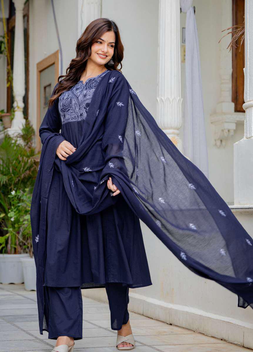 Navy Blue Embroidered 3-Piece Suit Set