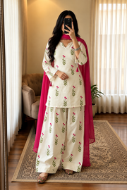Cream Floral Printed Farsi Suit Set with Pink Dupatta