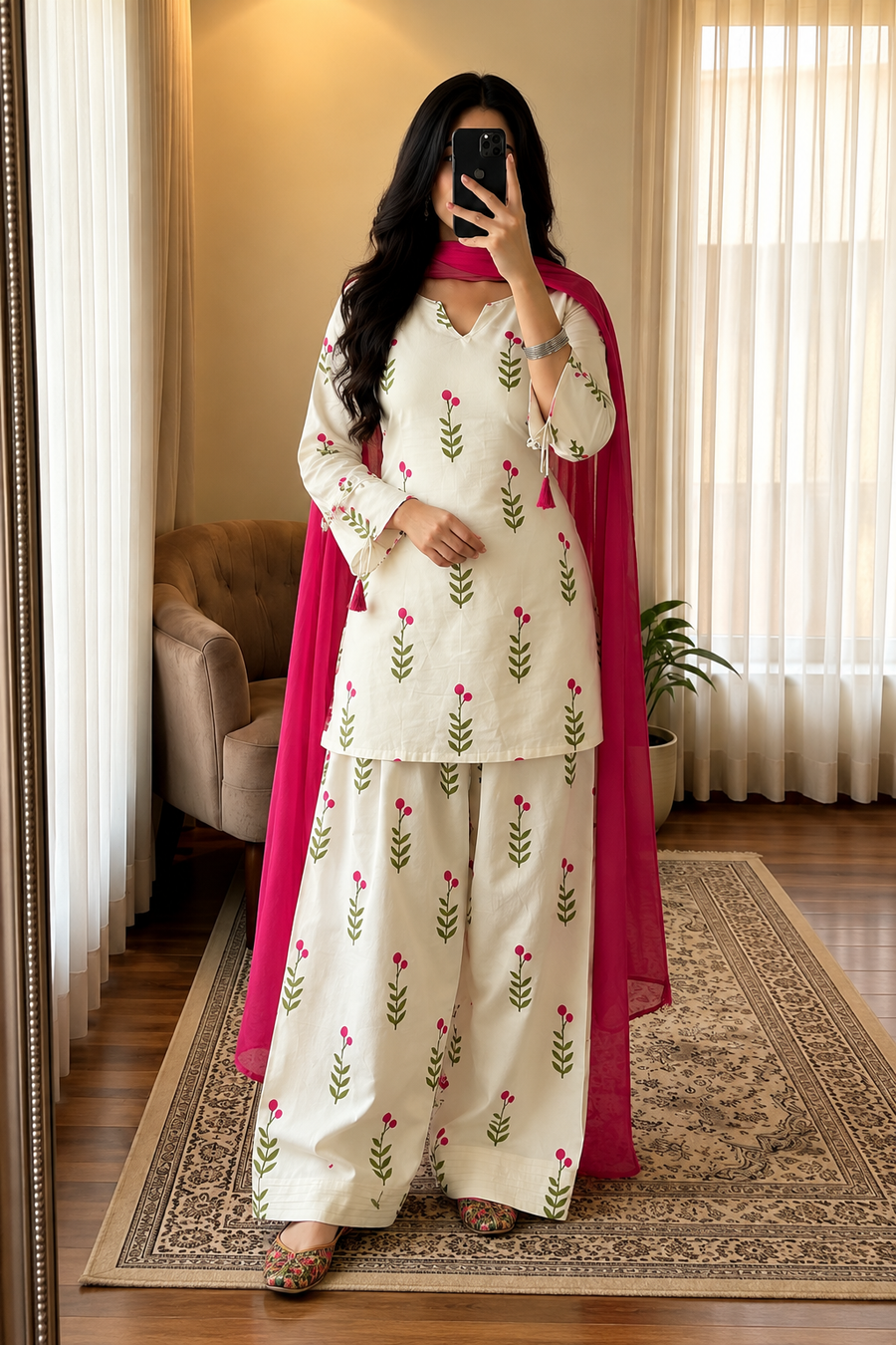Cream Floral Printed Farsi Suit Set with Pink Dupatta