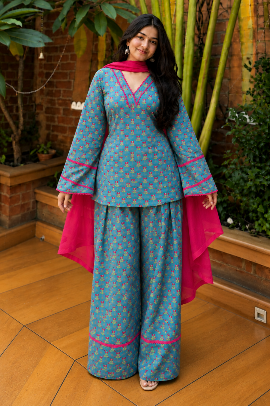 Teal Blue Printed Farsi Suit Set with Pink Dupatta