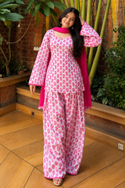 Pink Printed Farsi Suit Set with Pink Dupatta