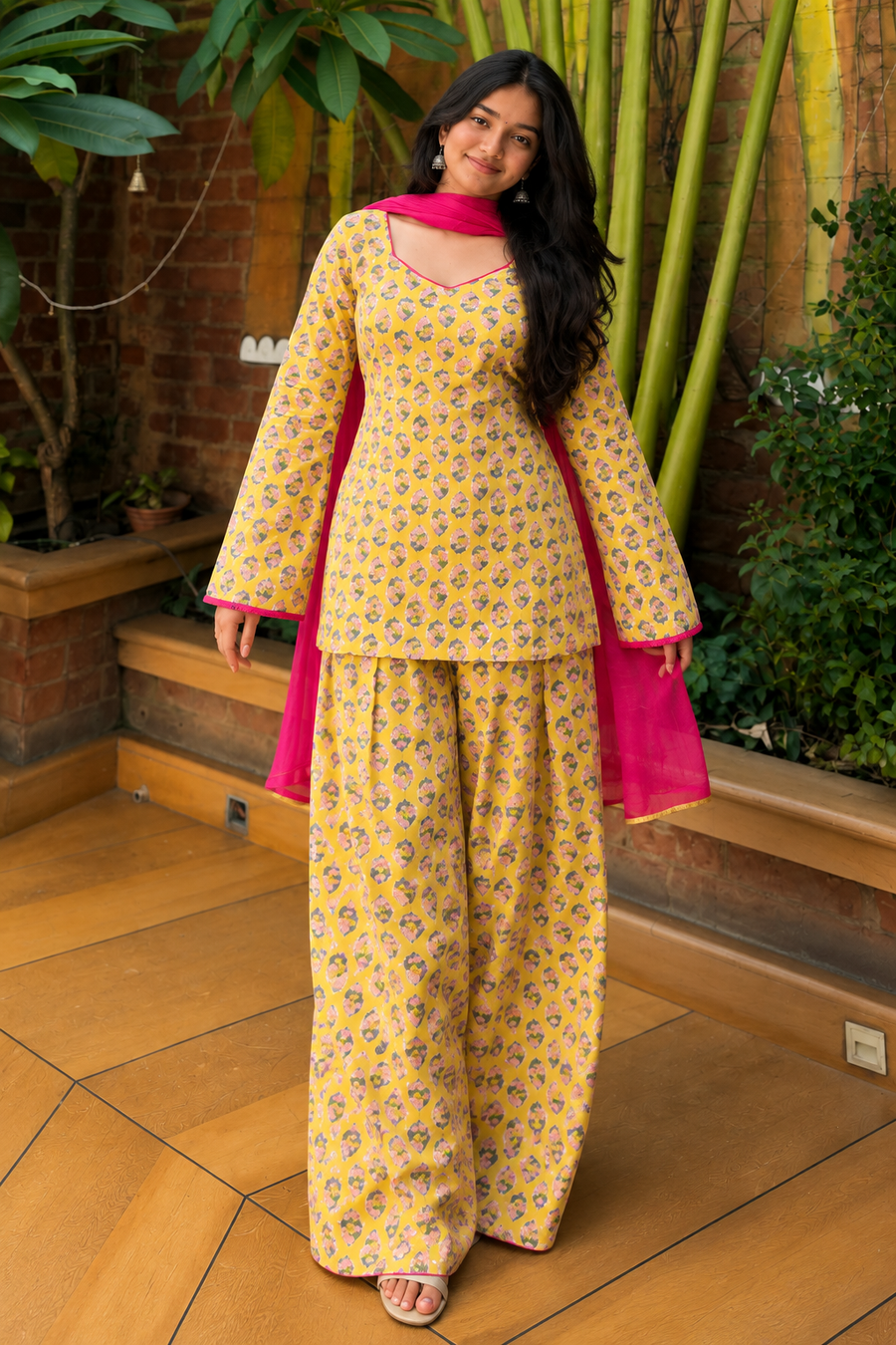 Yellow Printed Farsi Suit Set with Pink Dupatta