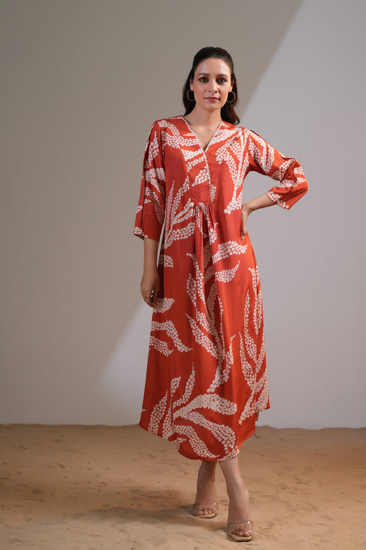 Rust Printed Flared Midi Dress | 21