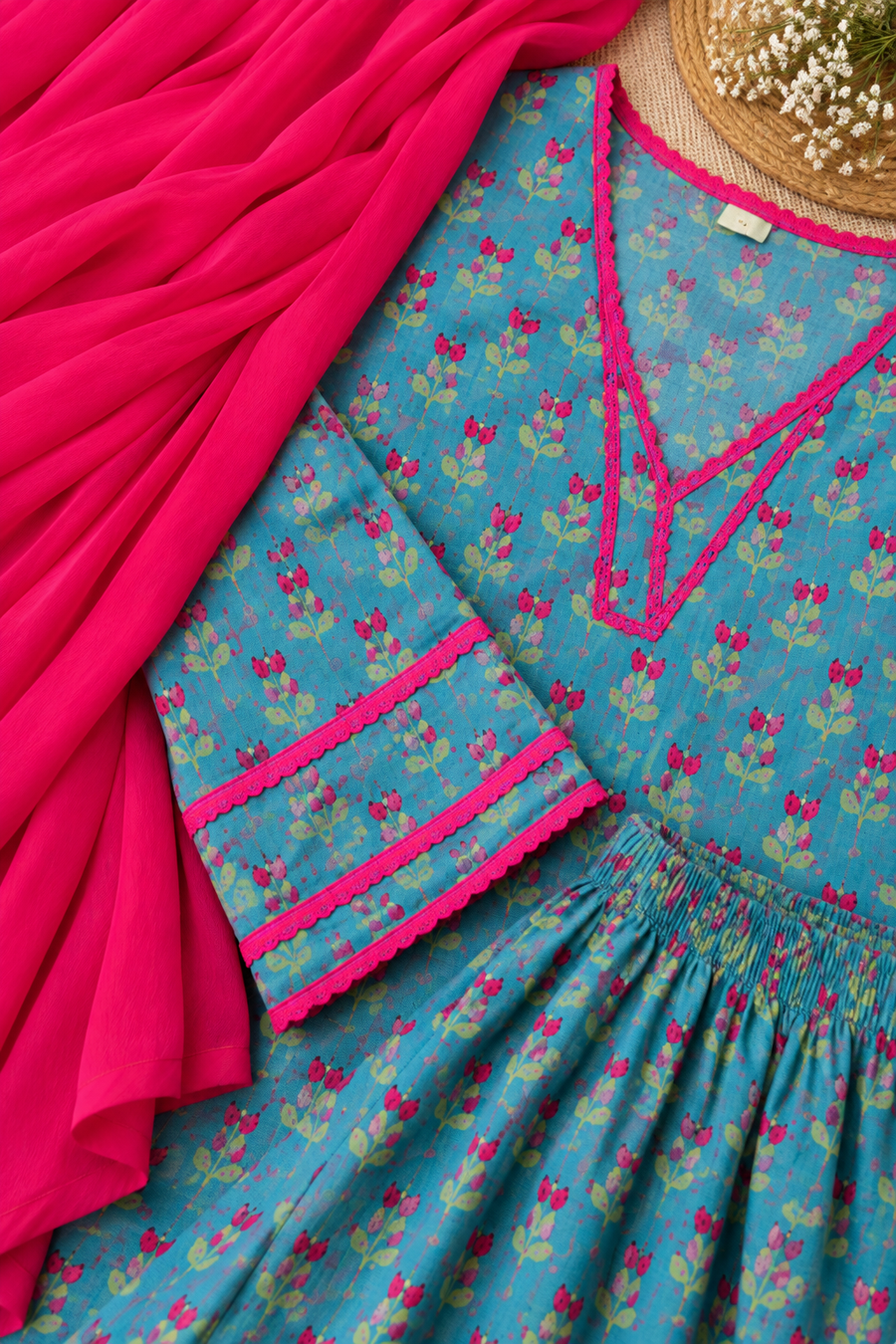Teal Blue Printed Farsi Suit Set with Pink Dupatta