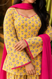 Yellow Printed Farsi Suit Set with Pink Dupatta