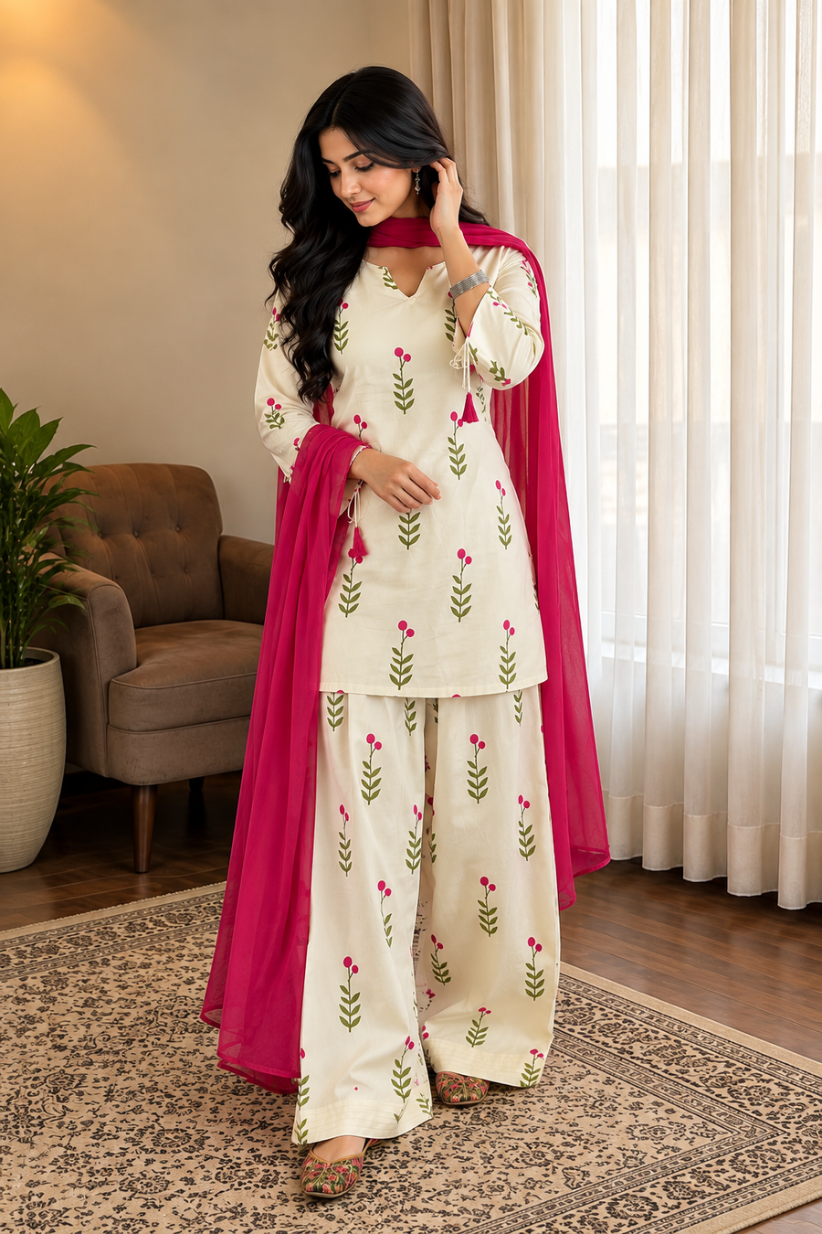 Cream Floral Printed Farsi Suit Set with Pink Dupatta