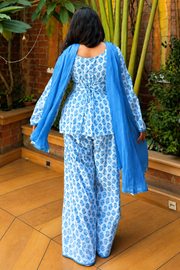 Blue Printed Farsi Suit Set with Blue Dupatta