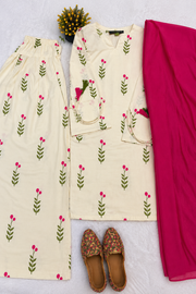 Cream Floral Printed Farsi Suit Set with Pink Dupatta