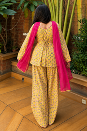 Yellow Printed Farsi Suit Set with Pink Dupatta