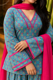 Teal Blue Printed Farsi Suit Set with Pink Dupatta