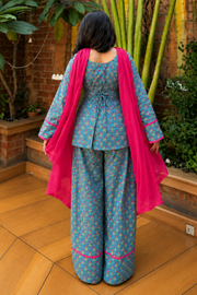 Teal Blue Printed Farsi Suit Set with Pink Dupatta