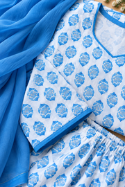 Blue Printed Farsi Suit Set with Blue Dupatta