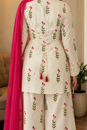 Cream Floral Printed Farsi Suit Set with Pink Dupatta
