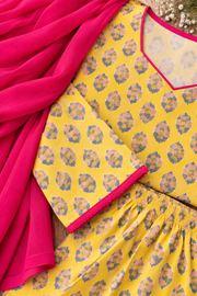 Yellow Printed Farsi Suit Set with Pink Dupatta
