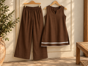 Chocolate Brown Farsi Suit Set with White Border Detailing