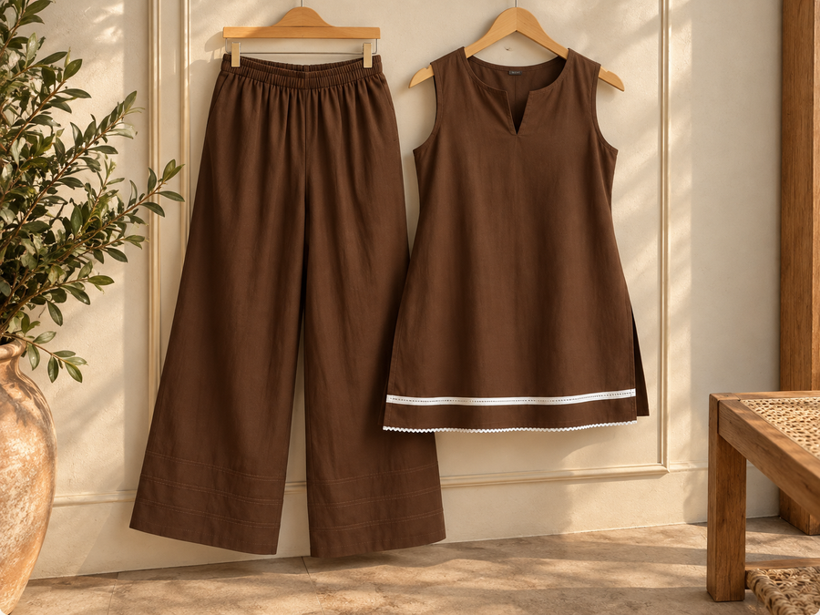 Chocolate Brown Farsi Suit Set with White Border Detailing