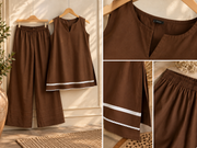 Chocolate Brown Farsi Suit Set with White Border Detailing