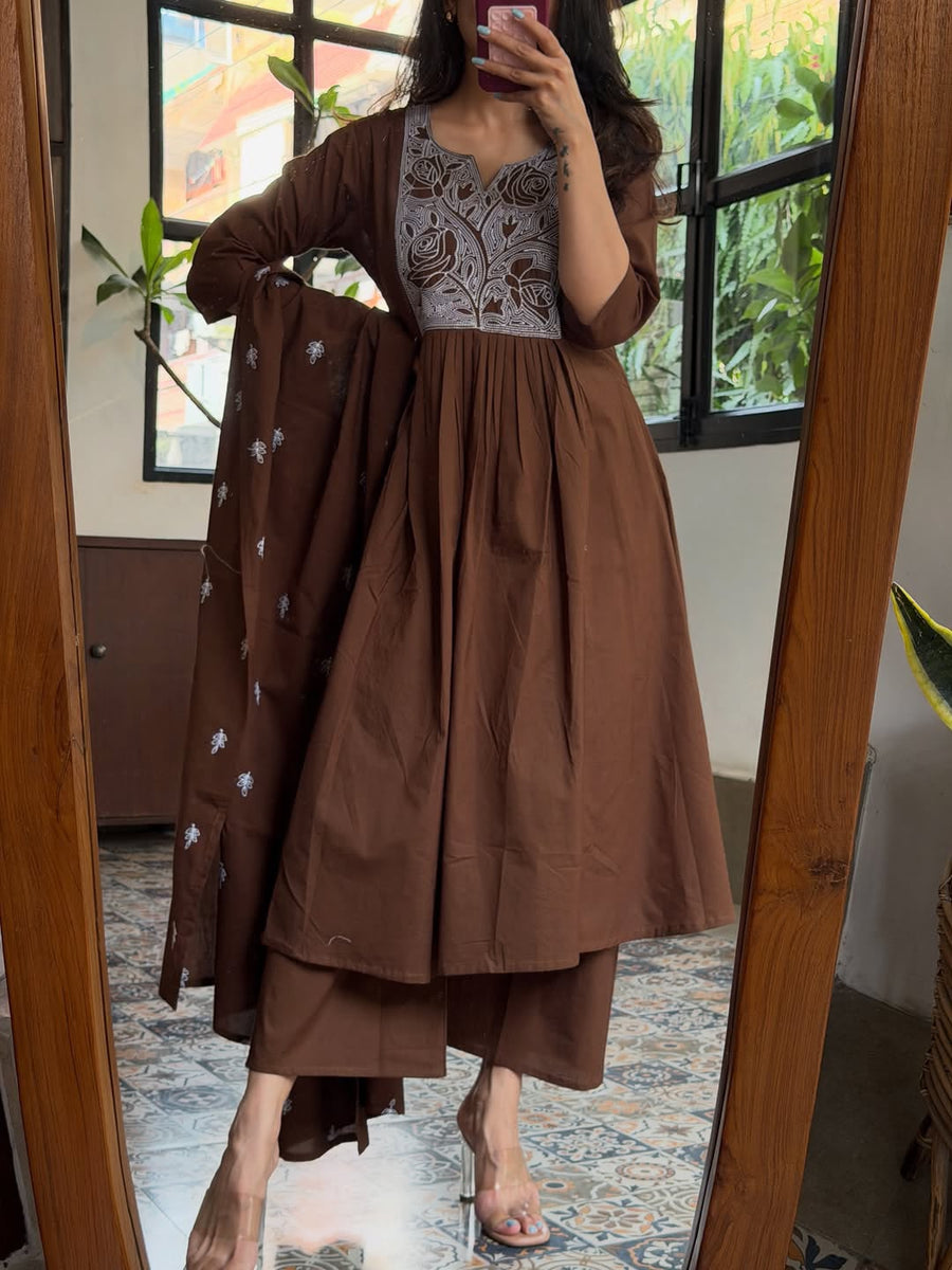Mocha Brown Embroidered 3-Piece Suit Set | 09