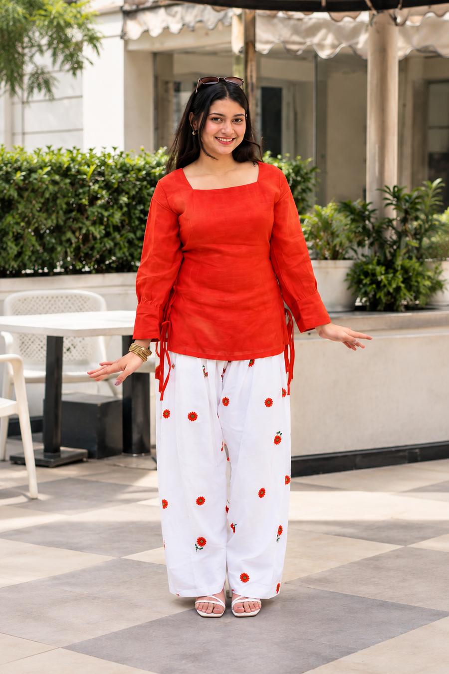 Red Floral Farsi Suit Set with White Printed Pants
