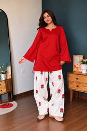 Lotus Red Farsi Suit Set with Floral Printed Pants