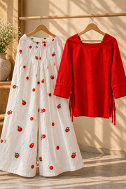 Red Floral Farsi Suit Set with White Printed Pants
