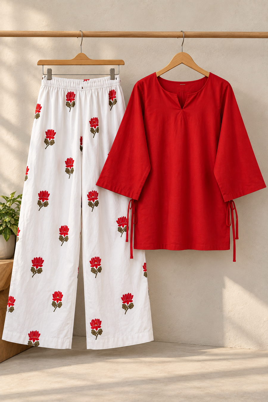 Lotus Red Farsi Suit Set with Floral Printed Pants