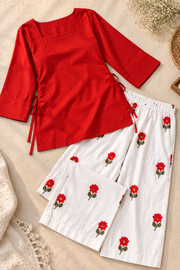 Lotus Red Farsi Suit Set with Floral Printed Pants