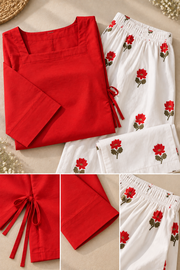 Lotus Red Farsi Suit Set with Floral Printed Pants