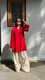 Cherry Red Printed Farsi suit
