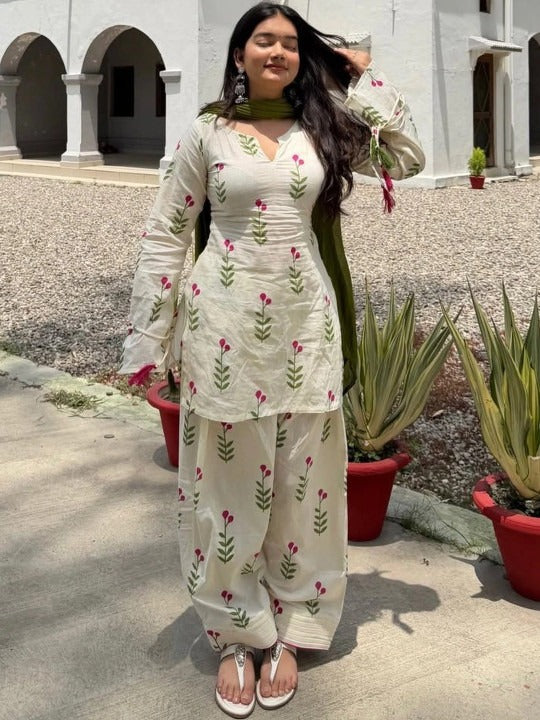 Ivory Floral Printed 3-Piece Suit Set | 23