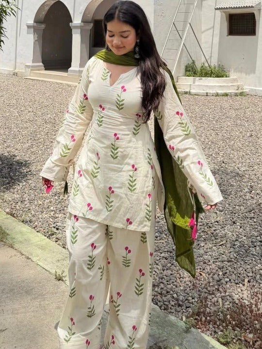 Ivory Floral Printed 3-Piece Suit Set | 23
